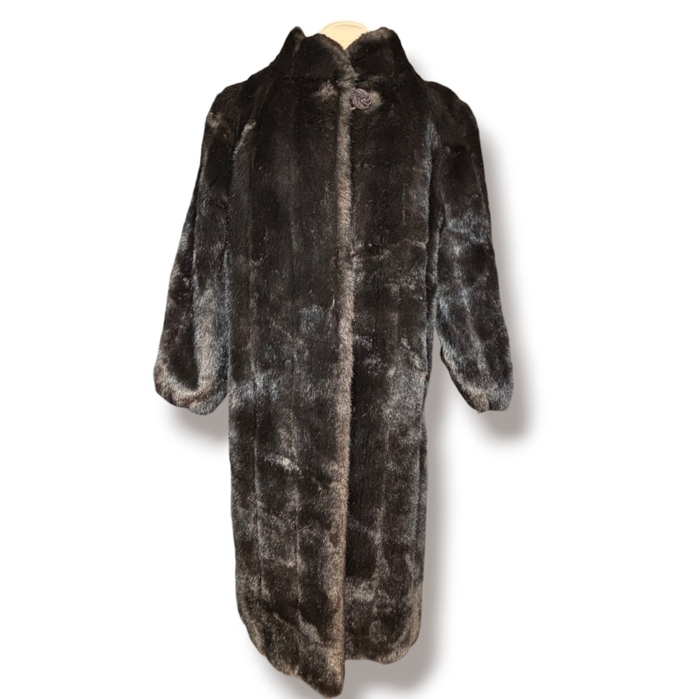 Vintage Faux Fur Maxi Coat Dark Brown High Collar Hollywood Glamour Size 8 USA